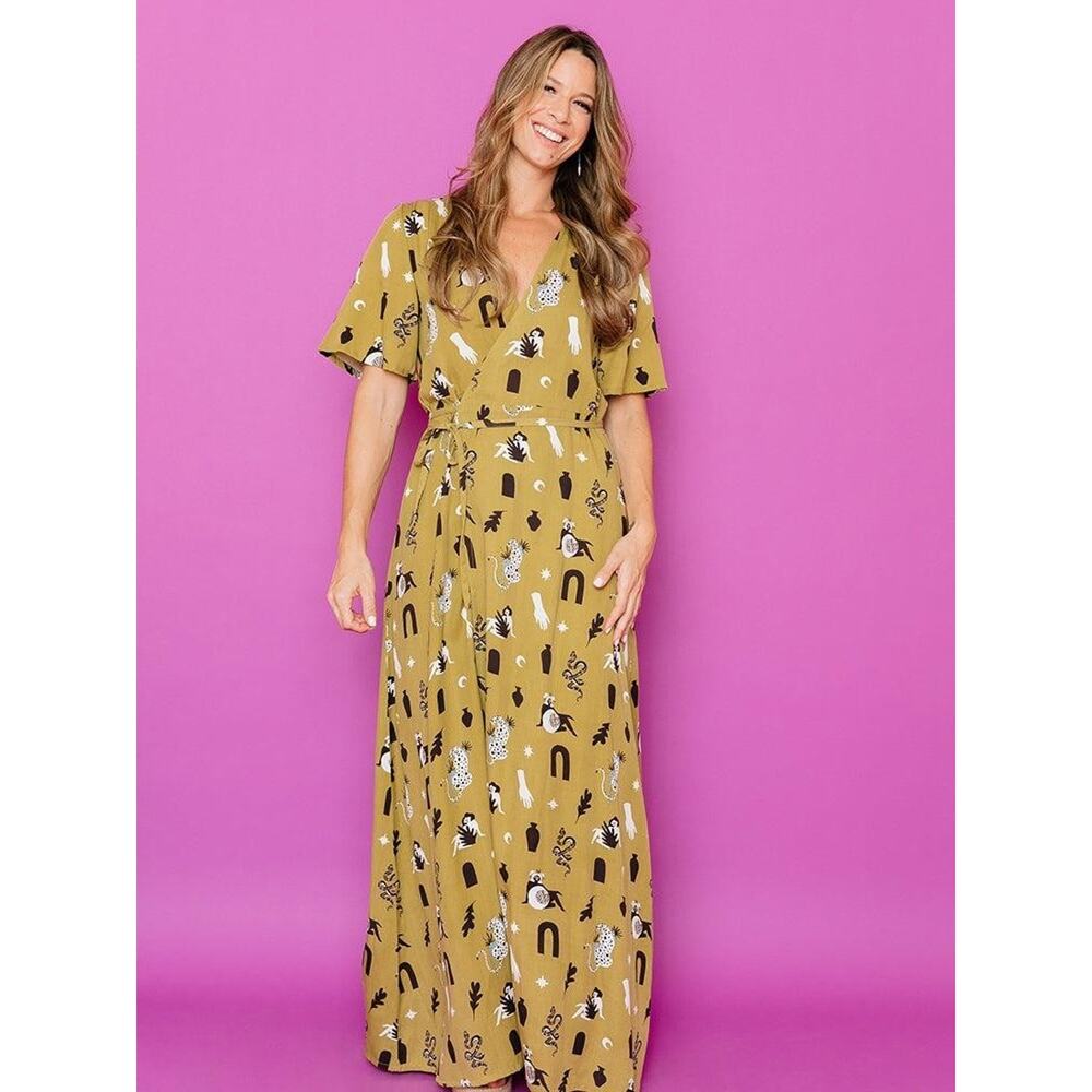 Mata Traders Brea Wrap Dress Womens XS Green Novelty Print Maxi Tencel Boho - Picture 2 of 16